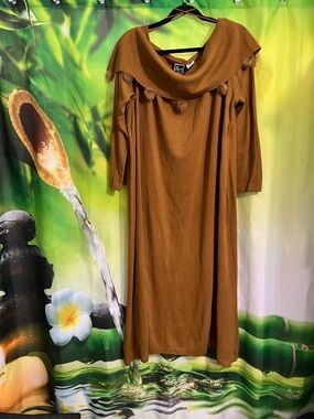 Cozy Pom-Trim Knit Dress in Warm Brown